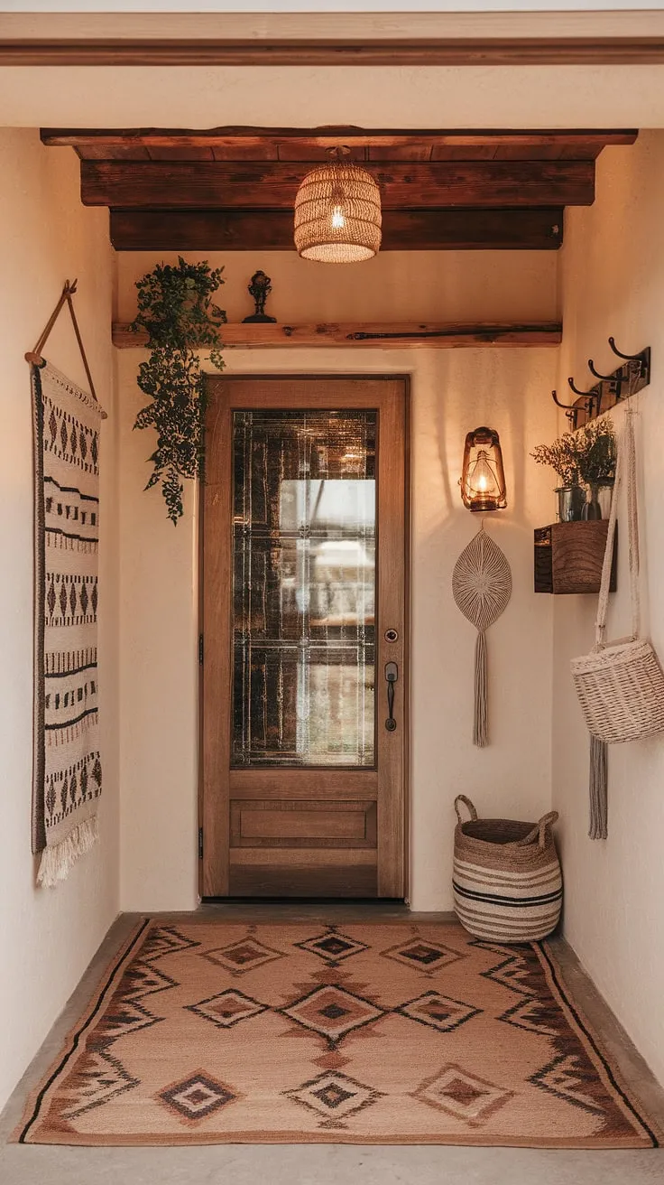 Step into a world of bohemian bliss. This boho entryway, with its signature blend of textures and globally-inspired decor, sets the tone for a home filled with warmth and captivating boho style.  The boho hallway flows seamlessly into the rest of the space, showcasing a cohesive boho interior design and a truly enchanting boho aesthetic.  A perfect example of boho foyer design at its finest.