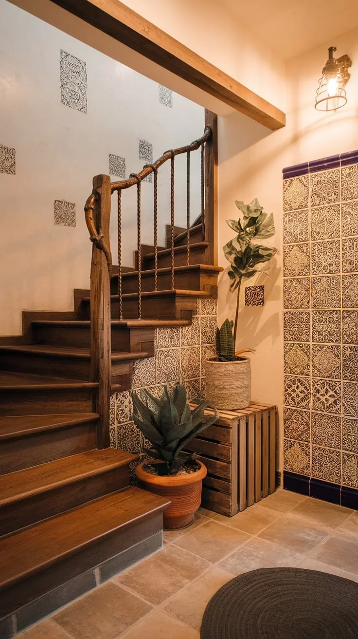 Embrace the free-spirited charm of this boho entrance.  The boho decor perfectly embodies the boho style, creating a boho hallway and boho foyer that effortlessly blend boho interior design with a relaxed, inviting boho aesthetic.
