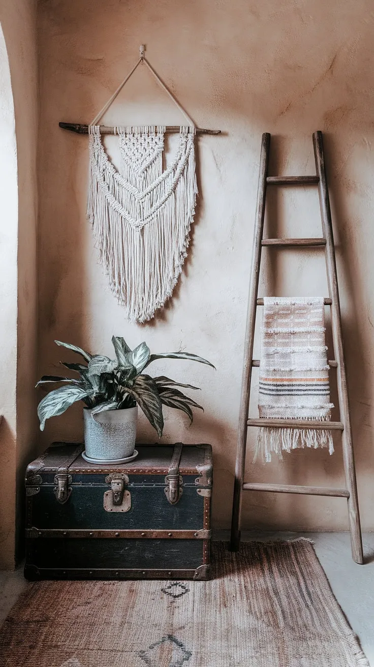 Step into a world of bohemian bliss. This boho entryway, with its textured walls, macrame accents, and vintage trunk brimming with life, perfectly embodies boho interior design. The relaxed boho style creates a welcoming boho foyer, a true reflection of boho aesthetic.