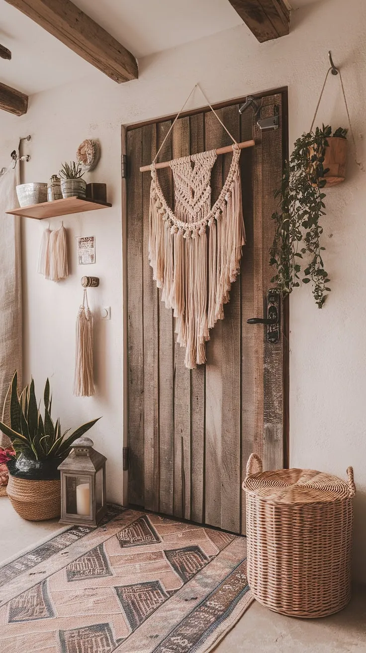 Step into a world of bohemian bliss. This boho entryway, with its signature blend of textures, colors, and eclectic decor, sets the tone for a home filled with warmth and personality.  The boho hallway flows seamlessly into the rest of the space, showcasing a cohesive boho interior design and a truly captivating boho aesthetic.  A perfect example of boho style and boho foyer design at its finest.