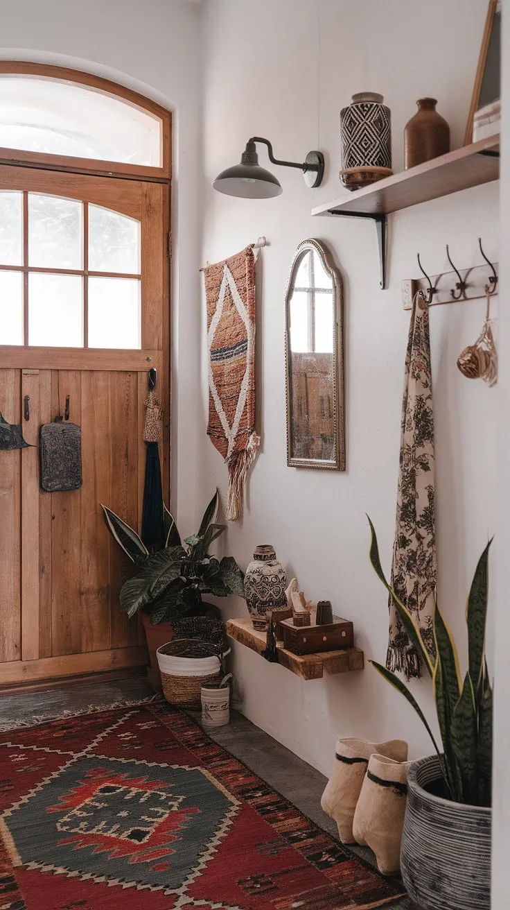 Embrace the free-spirited charm of this boho hallway.  The boho entrance is a stunning display of boho style, showcasing a curated collection of boho decor that effortlessly blends into the overall boho interior design. This boho foyer is more than just an entryway; it's a statement.