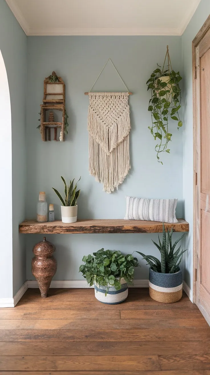 Step into a world of bohemian bliss. This boho entrance, with its carefully curated boho decor and inviting boho aesthetic, sets the tone for the entire home.  The boho foyer seamlessly flows into a captivating boho hallway, showcasing the artistry of boho interior design and the effortless charm of boho style.
