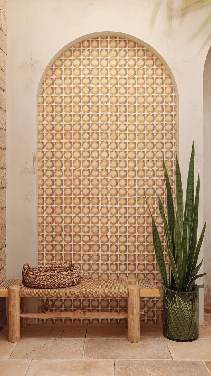 A captivating boho foyer welcomes you with its unique blend of boho style and boho decor.  The carefully curated boho entrance and boho hallway create a truly immersive boho aesthetic, a testament to thoughtful boho interior design.