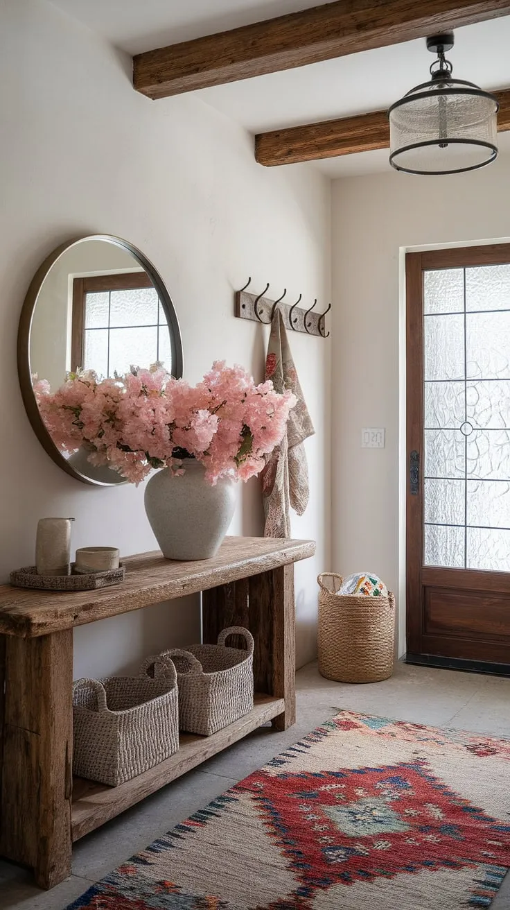 A captivating boho foyer welcomes you with its unique blend of boho style and effortless charm.  The boho decor creates a truly inviting boho entrance, a perfect reflection of boho interior design at its finest.  Every detail whispers of a free-spirited and beautifully curated boho aesthetic.