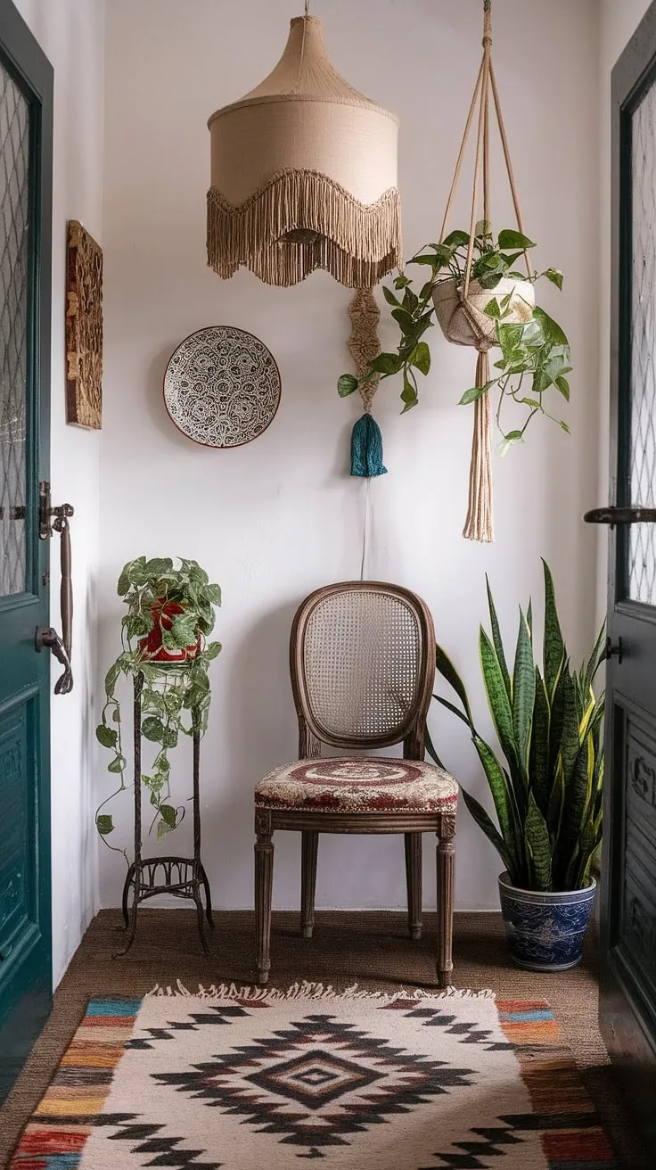 Embrace the free-spirited charm of this boho entrance.  The boho decor perfectly embodies the boho style, transforming this hallway into a stunning boho foyer.  Every detail, from the carefully curated accessories to the rich textures, reflects a thoughtful boho interior design and a captivating boho aesthetic.
