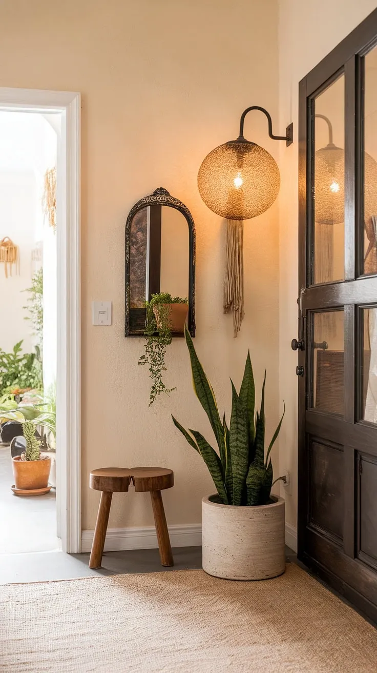 Embrace the relaxed elegance of this boho entrance.  The boho style shines through in the carefully curated boho decor, featuring a brass lamp, potted greenery, and a vintage mirror. This boho foyer is more than just an entryway; it's a statement of personal style, a welcoming space where boho interior design meets effortless charm. The continuation of the boho hallway promises a journey through a home brimming with bohemian spirit.