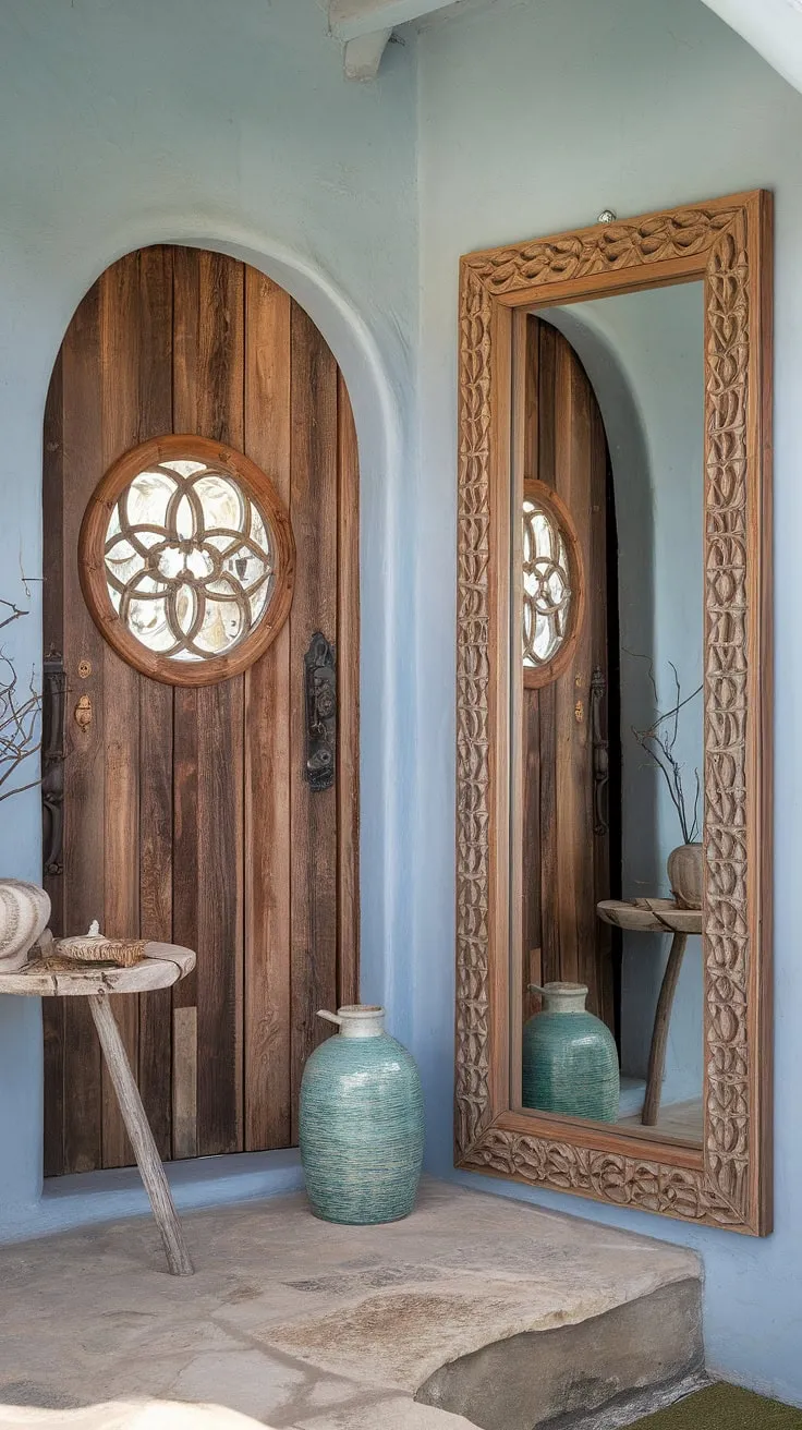 A captivating boho foyer welcomes you with its effortlessly chic boho style.  Every detail, from the carefully curated boho decor to the inviting boho entrance, speaks to a free-spirited and uniquely beautiful boho interior design.  The overall boho aesthetic is simply breathtaking.