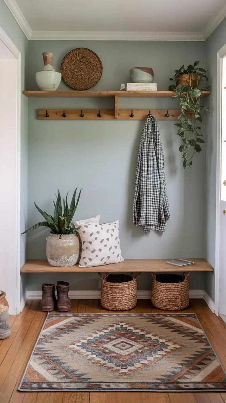 A soft blue-walled farmhouse entryway boasts bohemian charm with a patterned rug, wooden shelf accents, and a coat rack, creating a welcoming space.