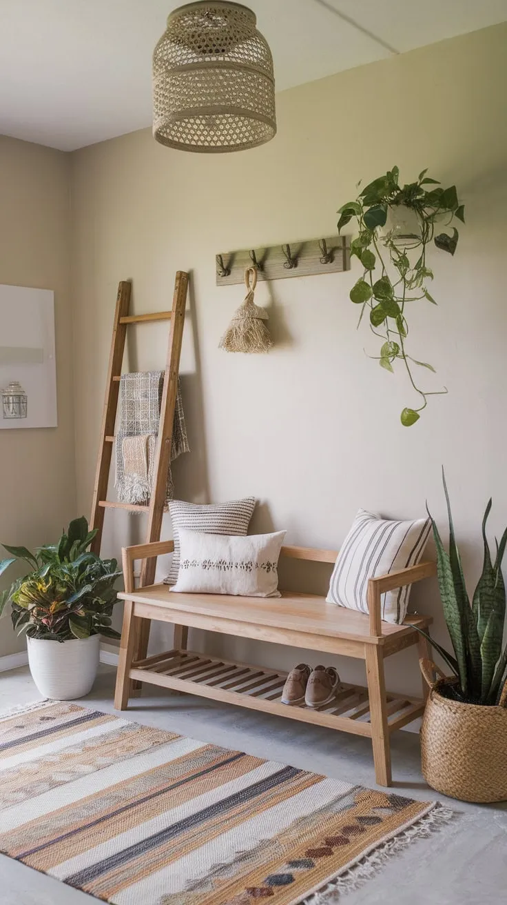 A welcoming boho farmhouse entryway features a wooden bench, potted plants, and charming décor, creating a relaxed and inviting atmosphere.