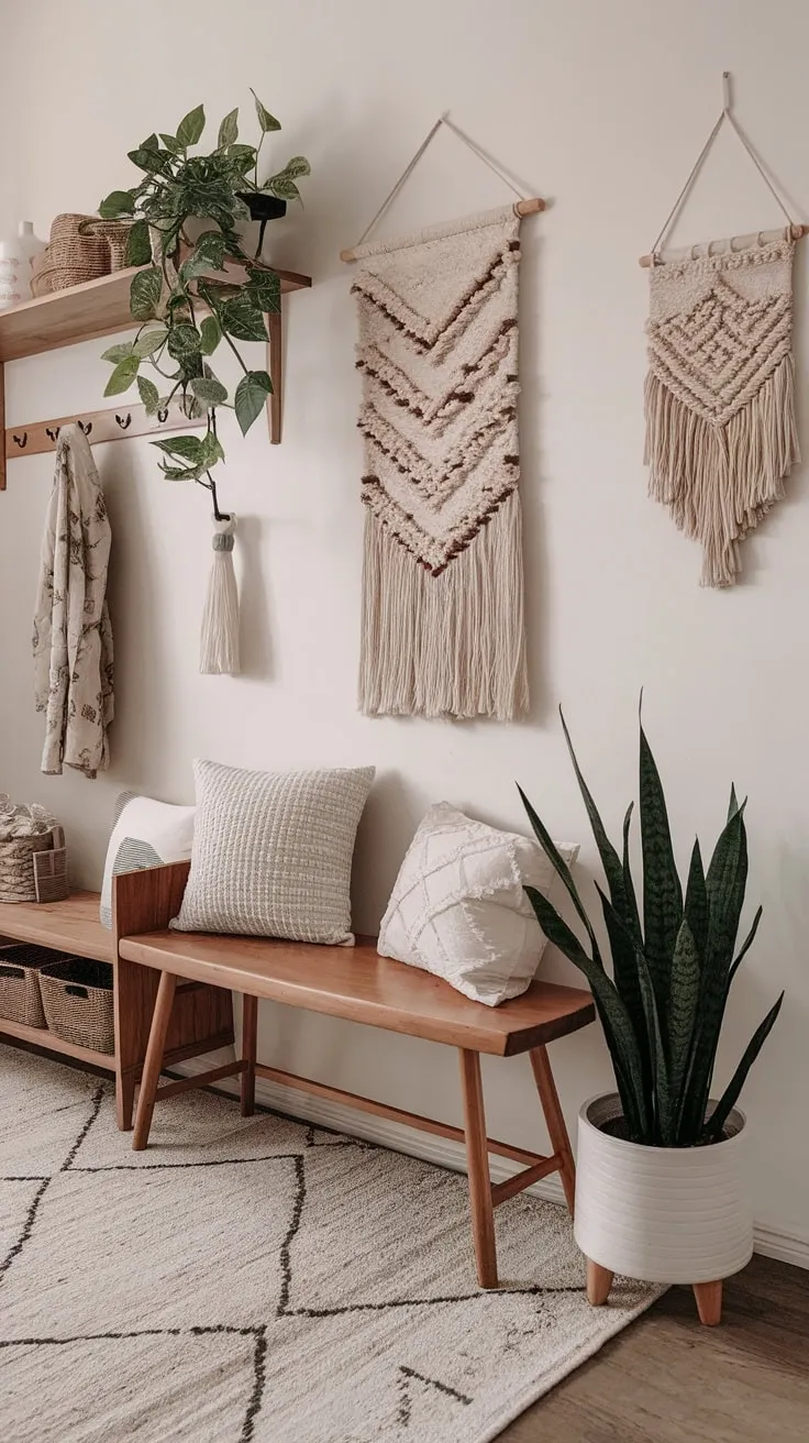 A welcoming boho farmhouse entryway boasts a wooden bench, potted plant, and eclectic décor, creating an aesthetically pleasing space.
