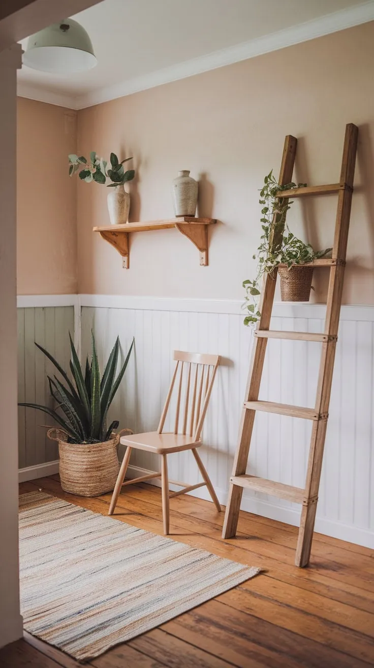 A charming boho entryway blends farmhouse charm with a wooden ladder, potted plants, and a soft, inviting color palette.