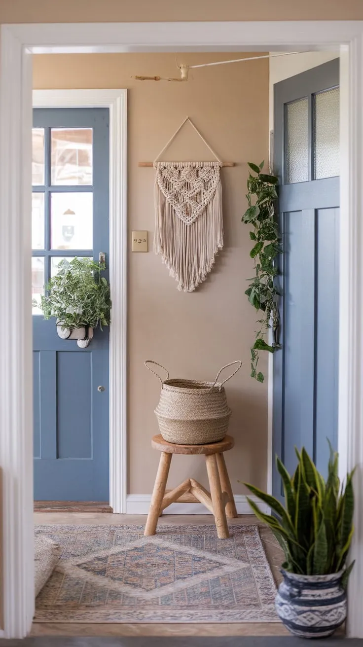 A charming boho entryway blends farmhouse charm with a blue door, woven textures, and earthy tones in a small but aesthetically pleasing space
