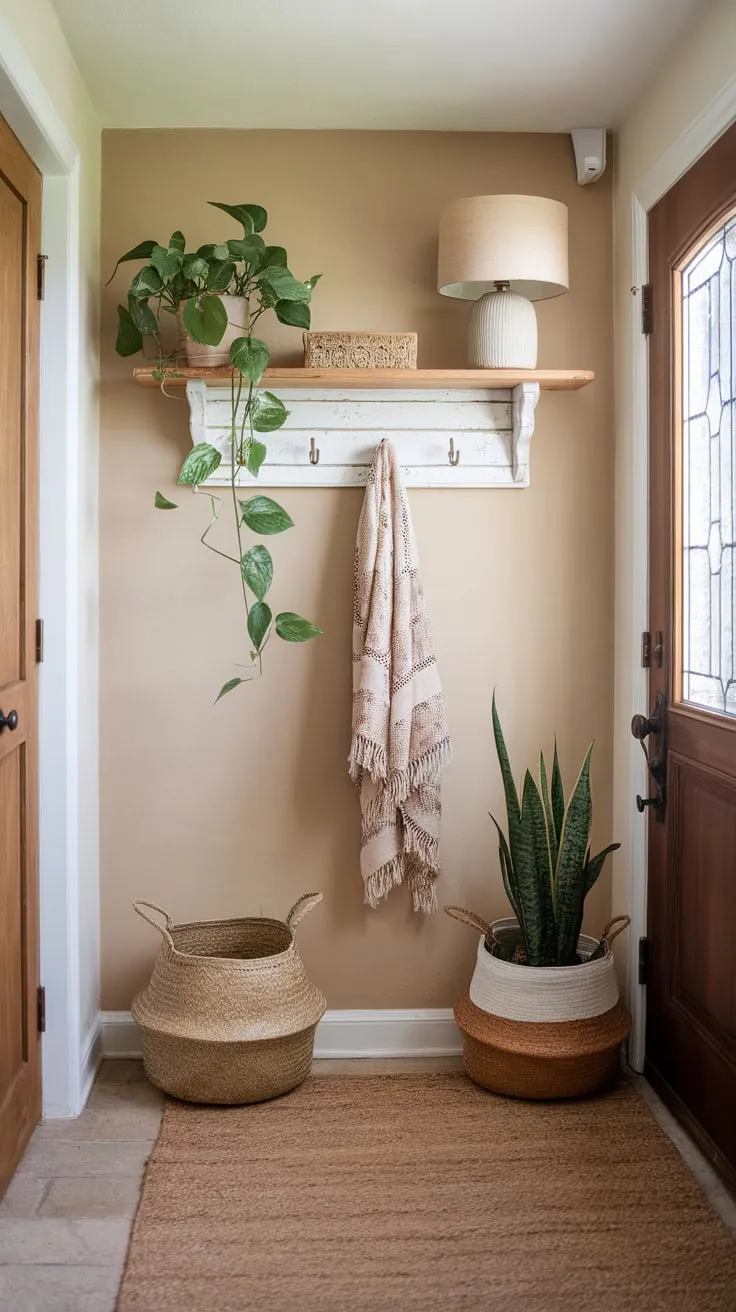 A welcoming farmhouse boho entryway features warm beige tones, natural wood, and pops of green, creating a relaxed and inviting atmosphere