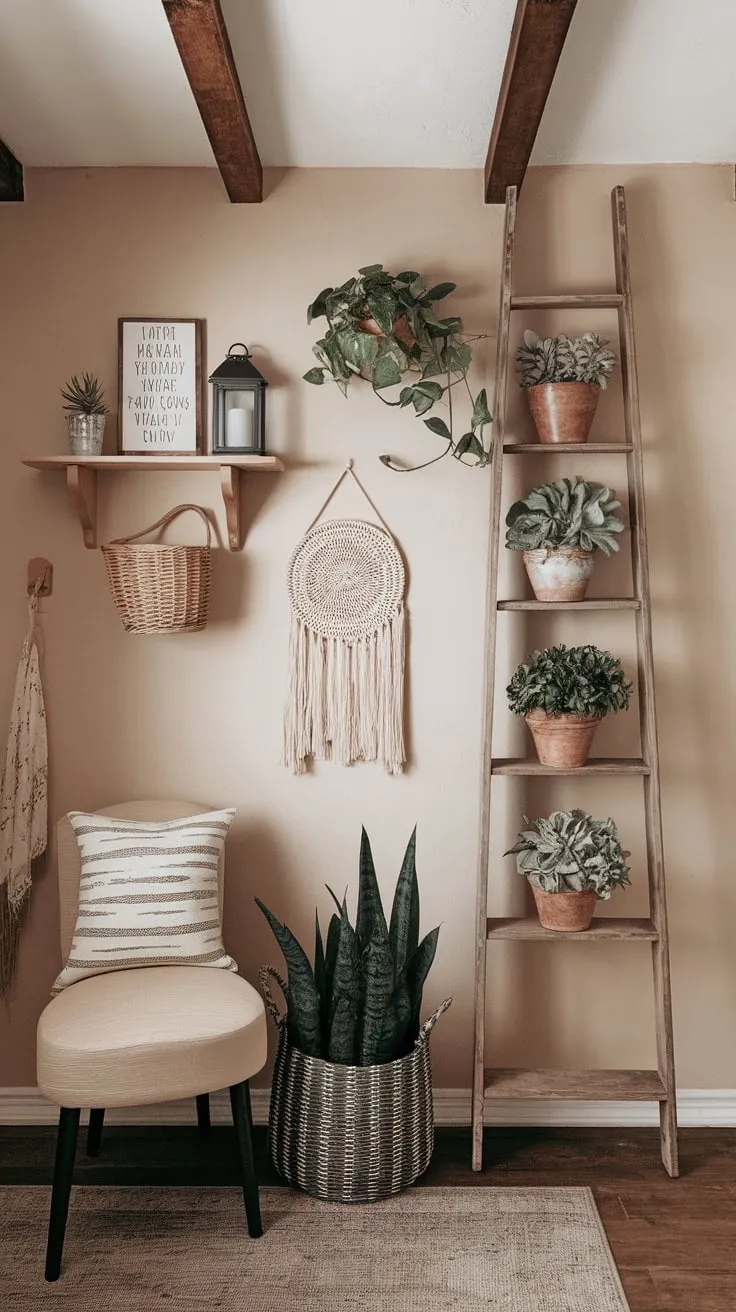 A woven rug, wicker basket, and lantern accent a cozy boho entryway, defined by exposed beams and a plant-filled ladder.