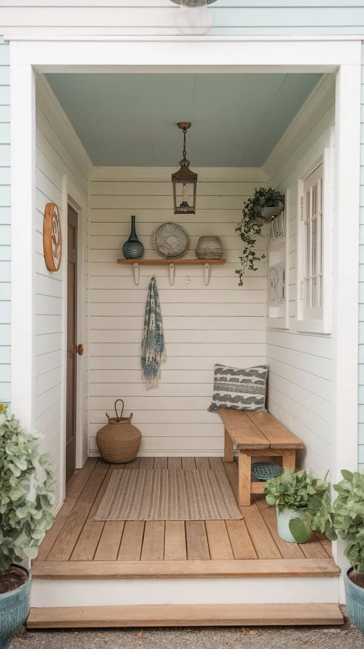 A charming farmhouse entryway boasts boho style with a wooden bench, soft blue ceiling, and carefully curated plants and décor.