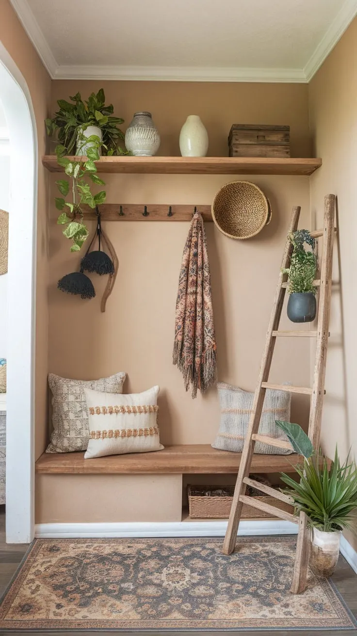 Warm colors and natural textures define this inviting bohemian entryway, featuring a wooden ladder, patterned rug, and thoughtfully arranged décor.