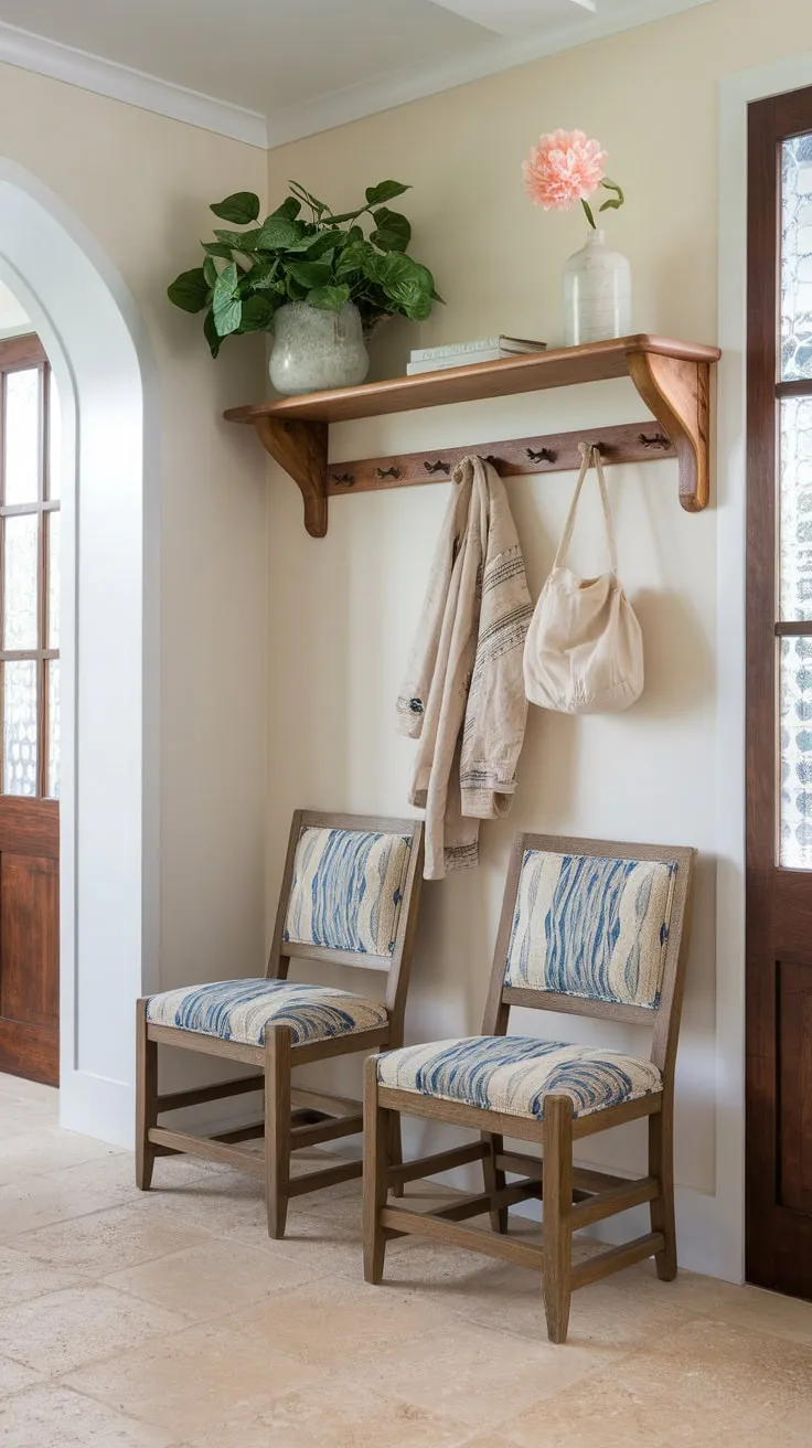 Beige tiles and a wooden door complement the vibrant plants and accessories in this inviting bohemian space.