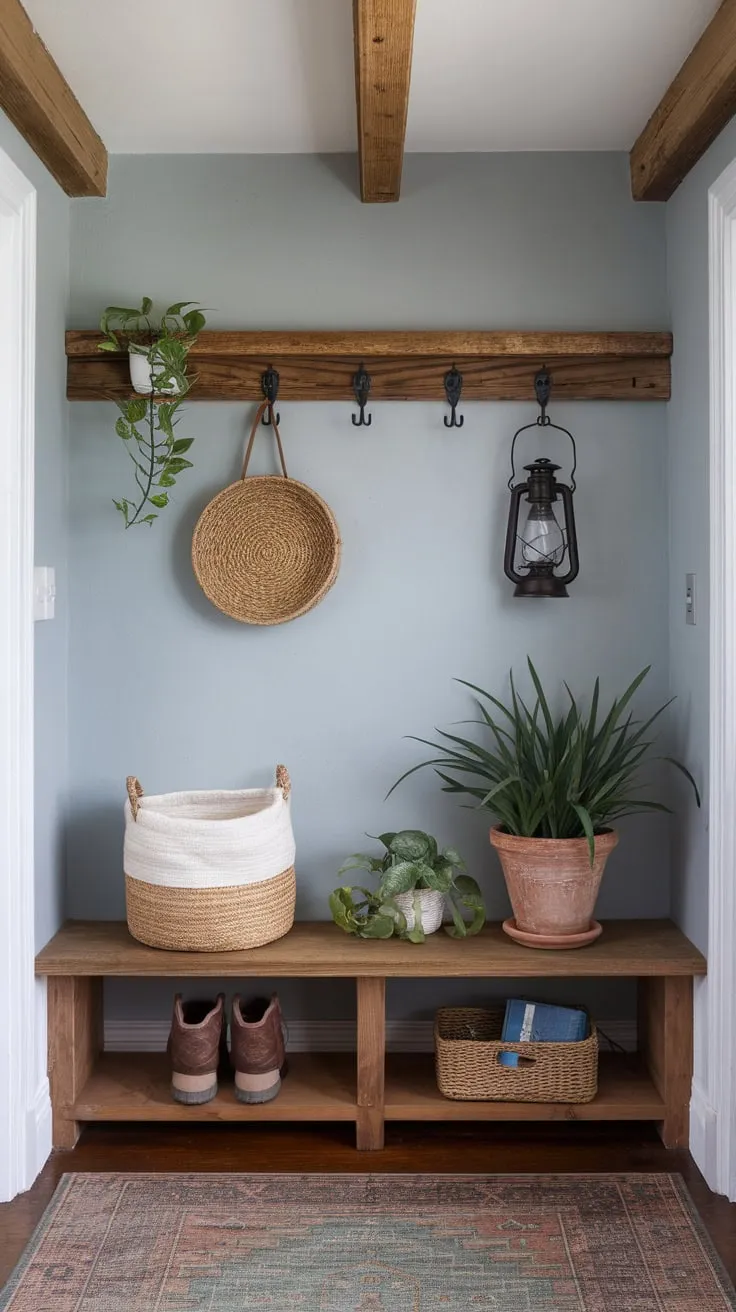 A charming boho entryway, small yet stylish, features a patterned rug, wooden beams, and simple décor including a plant and lantern.