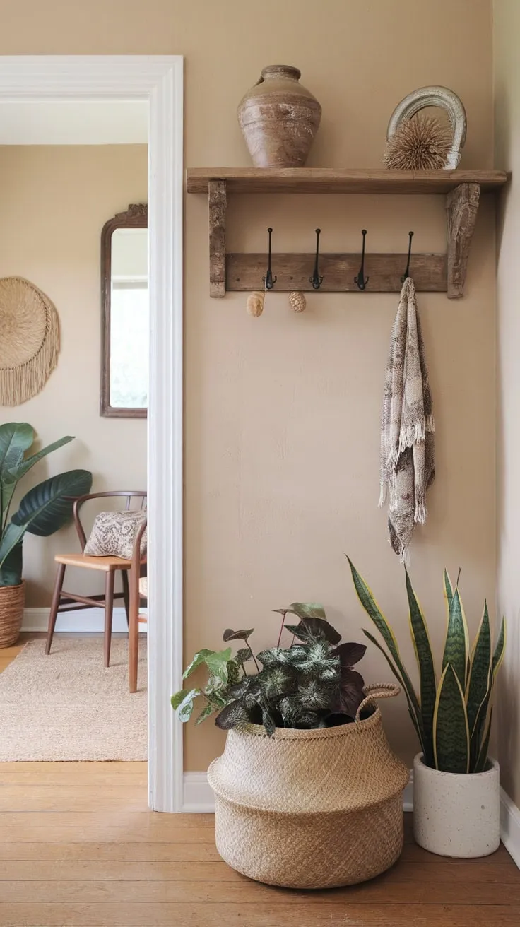 Warm wood tones and natural textures define this inviting boho entryway, complete with a vintage mirror and lush greenery.
