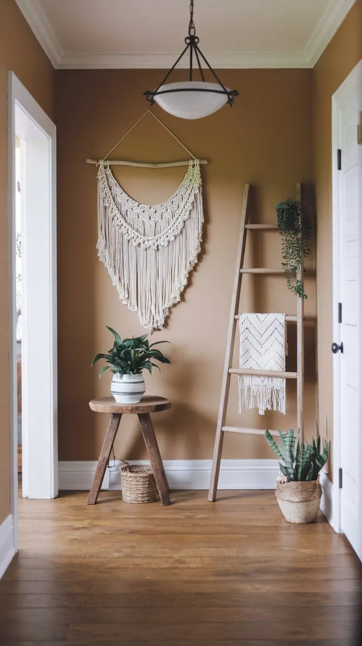 A farmhouse entryway boasts boho charm with a plant-adorned table, macrame wall hanging, and wooden ladder, all bathed in warm light.