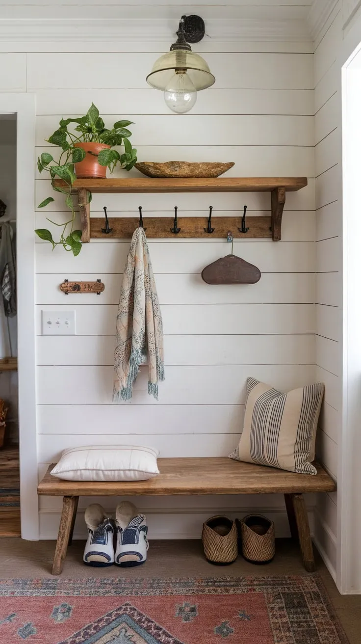 A welcoming farmhouse entryway boasts boho charm with a patterned rug, wooden bench, and vintage lighting.