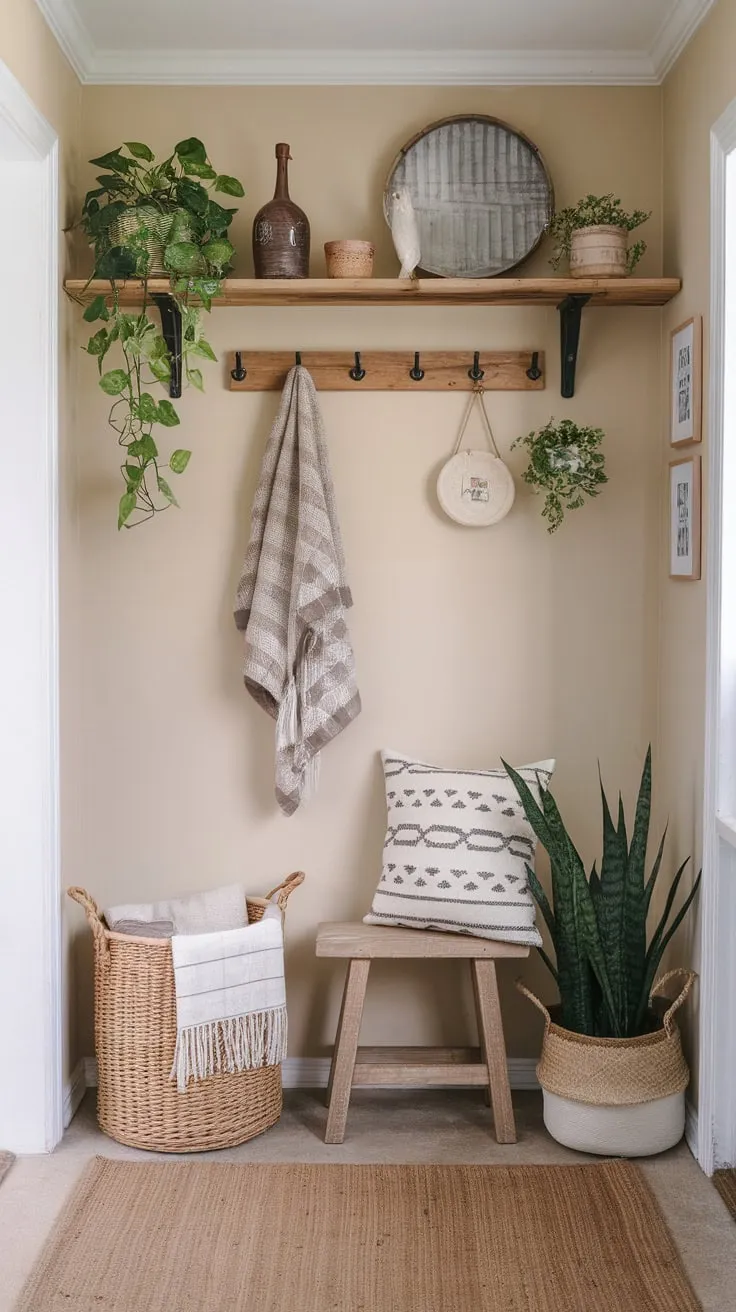 A cozy farmhouse boho entryway maximizes small space with wood, wicker, plants, and a welcoming rug.