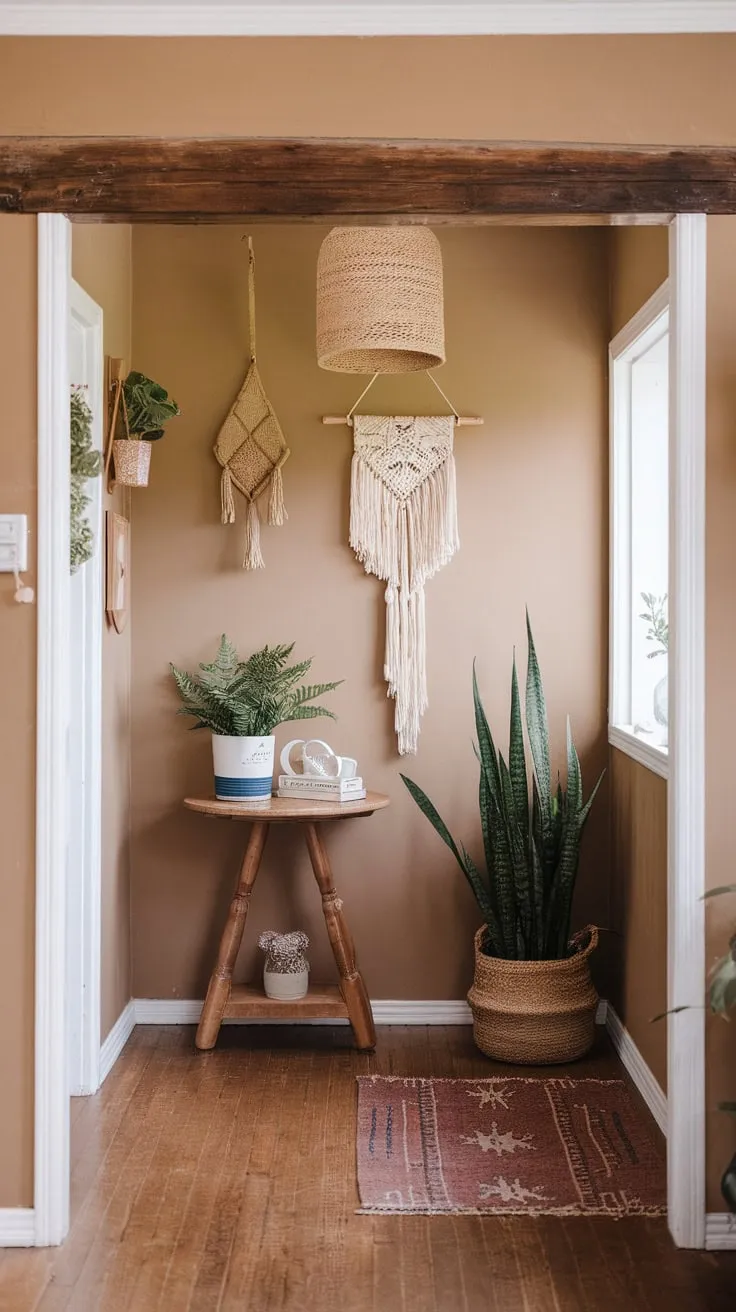 Warm colors and wooden accents define this inviting boho entryway, complete with a small table, potted plant, and hanging décor.