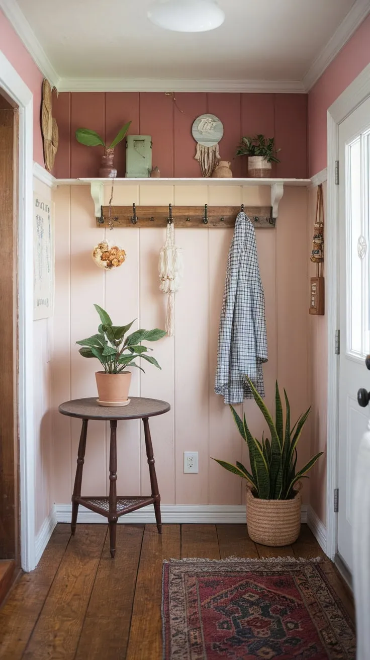 Warm light illuminates a welcoming boho farmhouse entryway, styled with a plant, coat rack, and charming details.