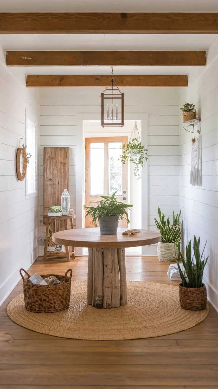 Warm wood, woven textures, and lush greenery create a welcoming boho farmhouse entryway.