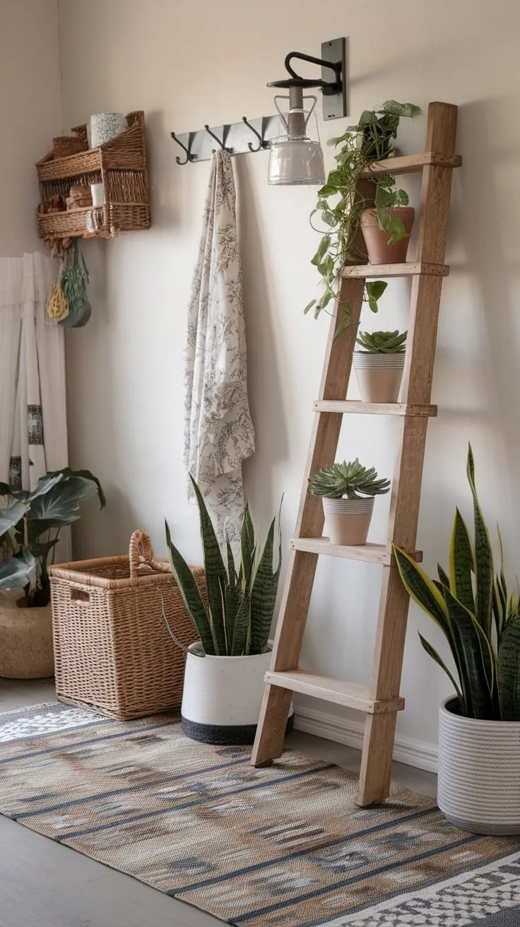 A welcoming boho farmhouse entryway boasts a patterned rug, potted plants on a wooden ladder, and wicker accents creating a cozy atmosphere.