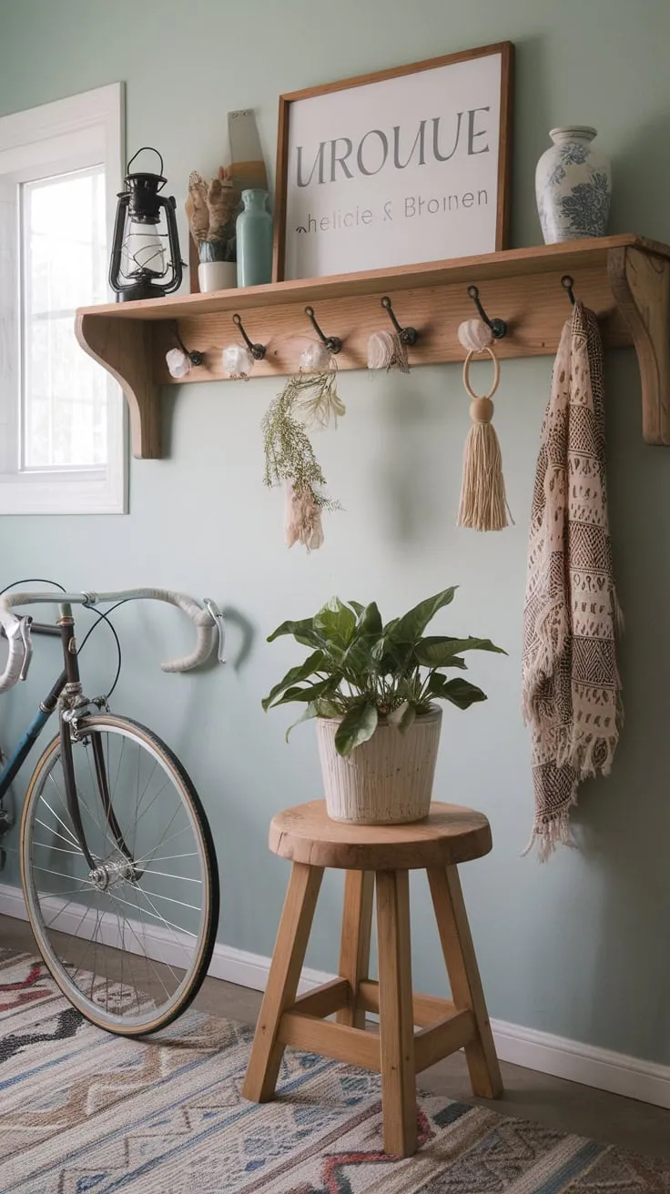 A patterned rug anchors a cozy boho entryway featuring a wooden stool, vintage bicycle, and charming shelf accents in a small but stylish space.