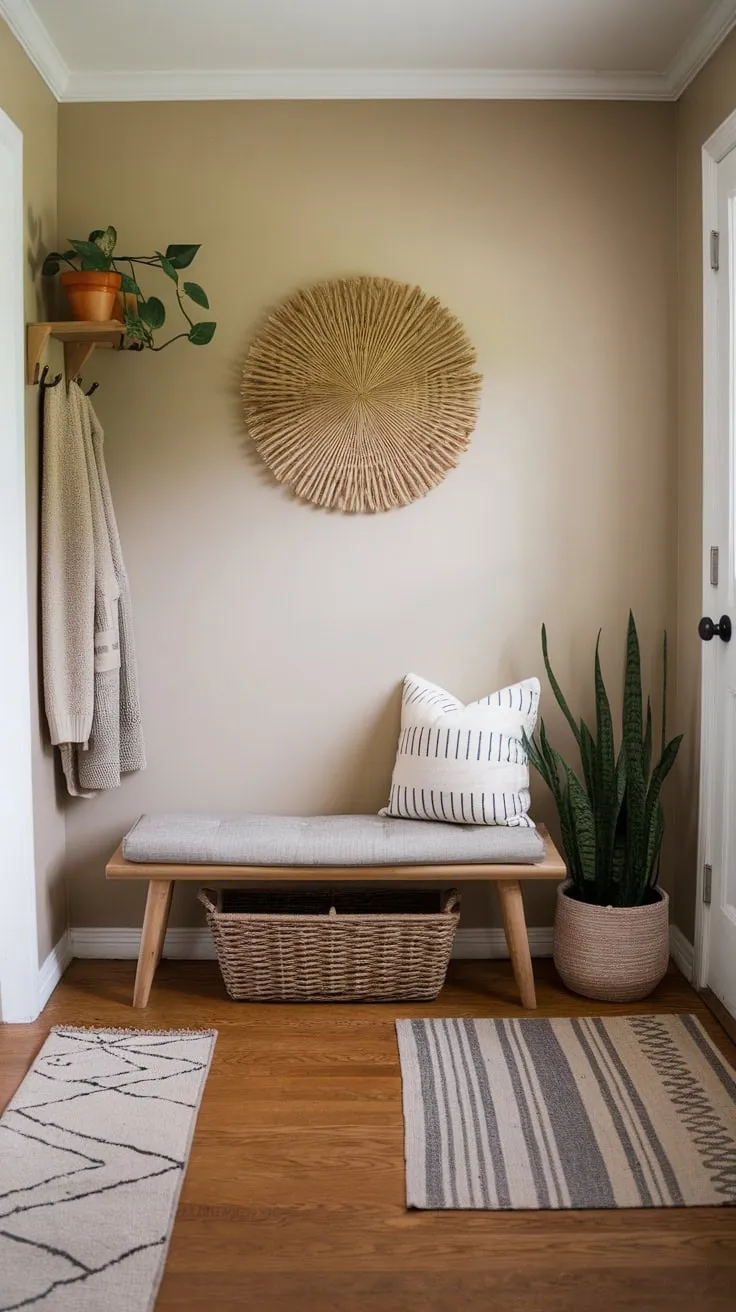 A boho-chic entryway blends farmhouse charm with natural textures and pops of greenery for a relaxed and inviting atmosphere.