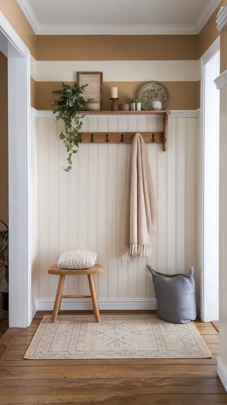 Warm beige and white stripes, a wooden stool, and a cozy blanket define this inviting boho farmhouse entryway.