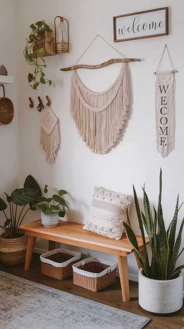 A welcoming boho farmhouse entryway features a wooden bench, potted plants, macrame, and a "Welcome" sign, creating a charming and inviting space.