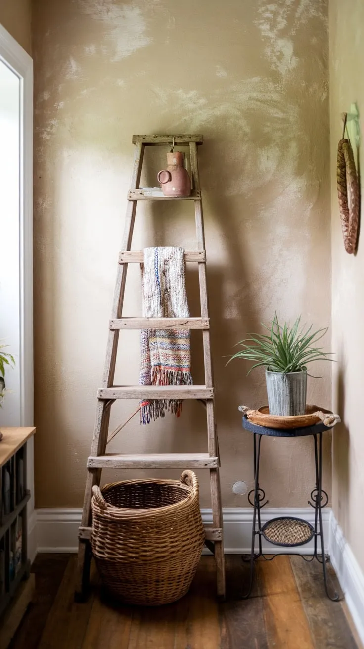 A small boho entryway welcomes you with its warm beige walls, wooden floors, and a charming ladder-basket display.