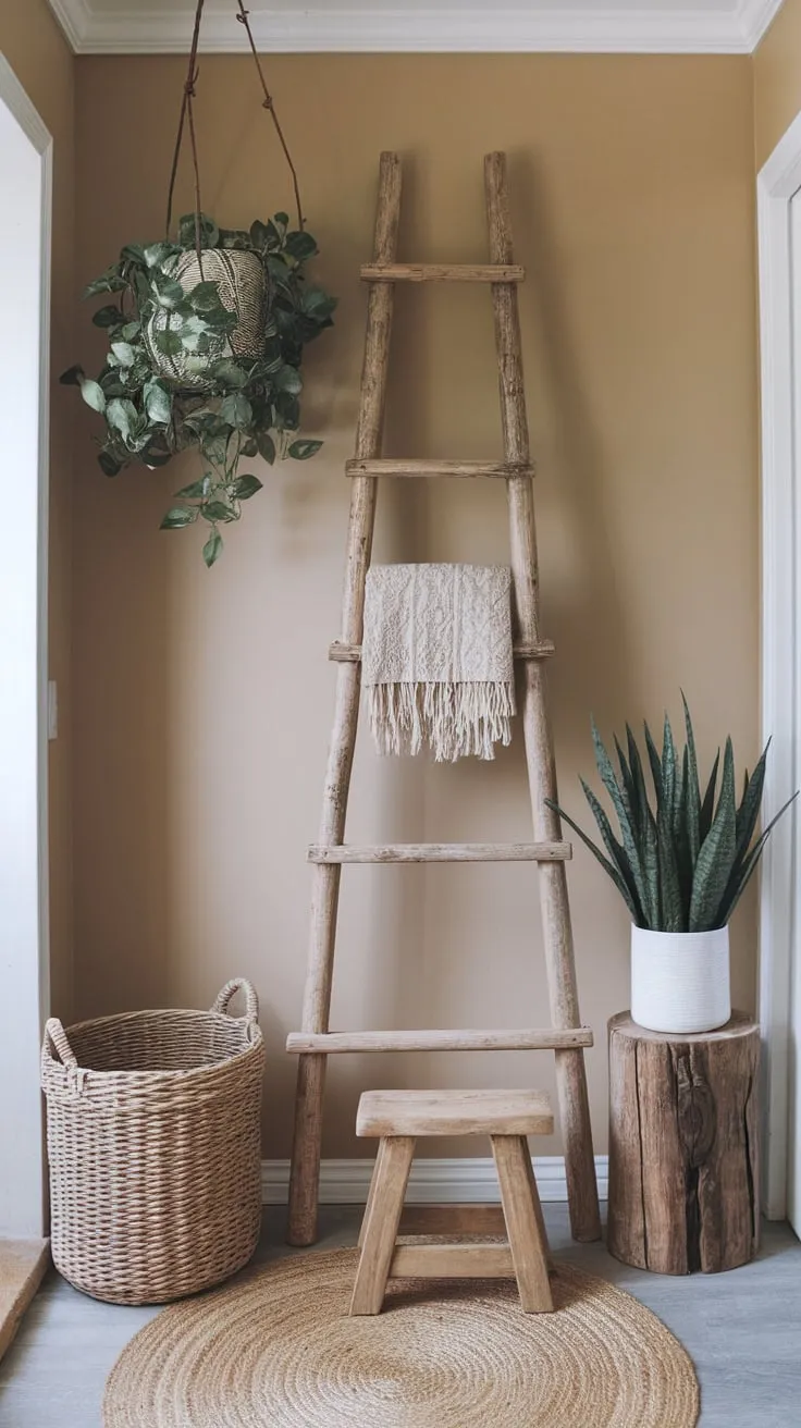 A welcoming boho farmhouse entryway features a wooden ladder, wicker basket, plant, and stool, creating a charming and inviting space.