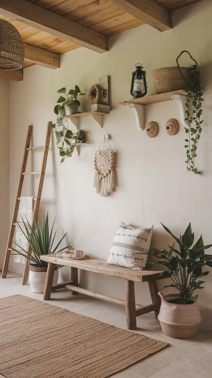 Warmth and welcome fill a boho farmhouse entryway, accented by a wooden bench, potted plants, and charming wooden details.