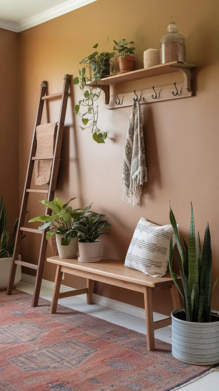 A warm beige boho farmhouse entryway welcomes guests with a vintage rug, wooden bench, potted plants, and a charming ladder-style coat rack.