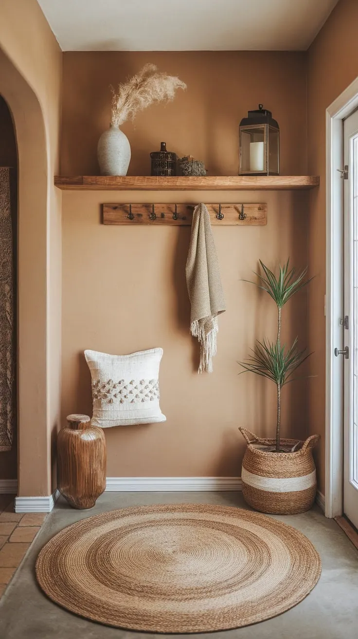 Warm beige walls, a round rug, and a wooden shelf with charming décor create a welcoming boho farmhouse entryway.