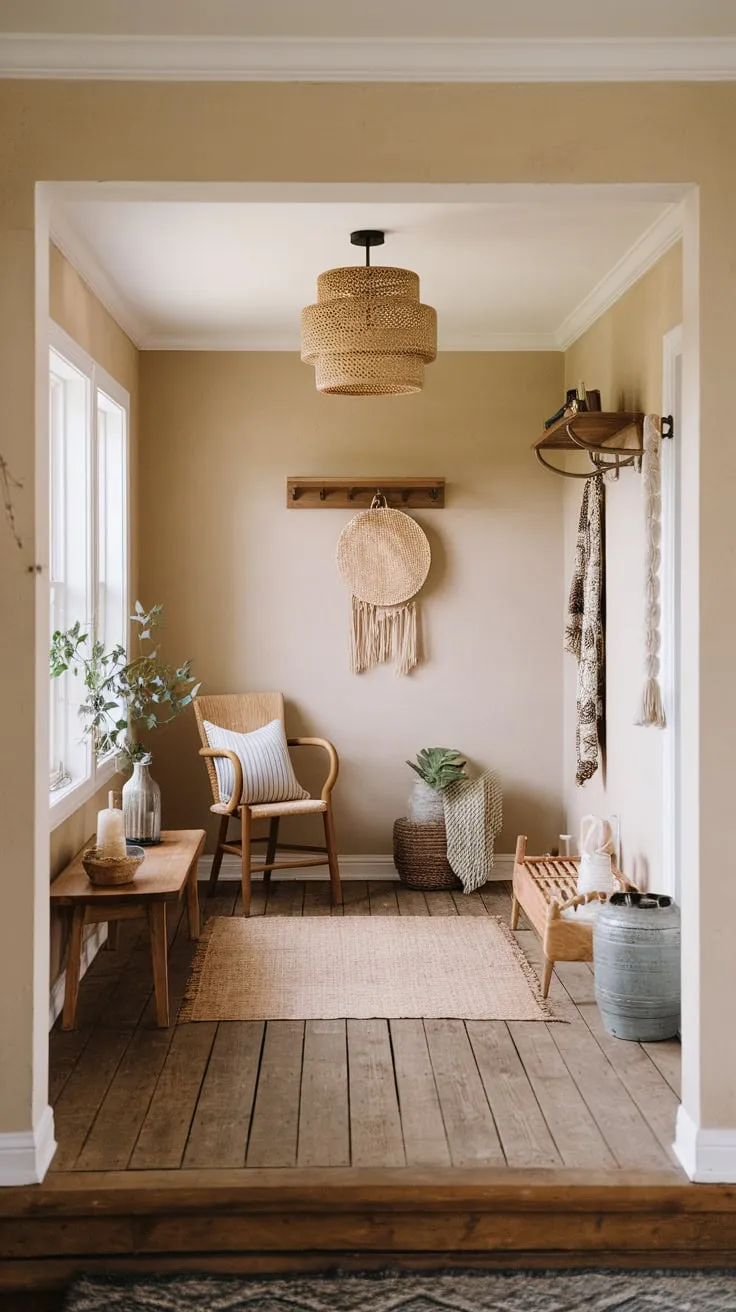 A farmhouse entryway's boho charm shines through wooden floors, eclectic furniture, and earthy décor.