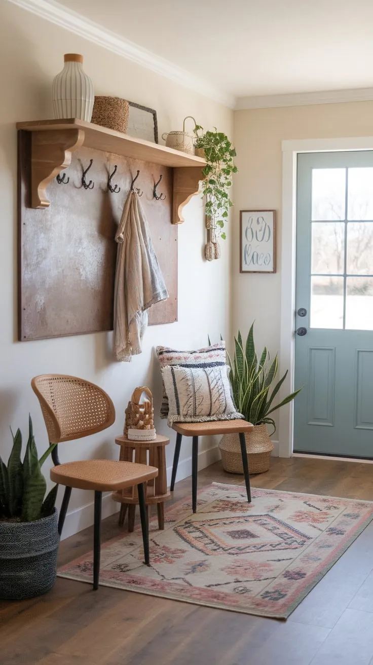 Warm earthy tones and charming boho décor create a welcoming farmhouse entryway.