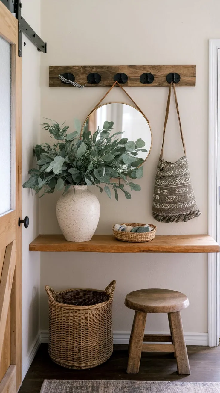 A welcoming boho farmhouse entryway features a wooden shelf, wicker basket, and round mirror, creating a cozy and stylish space.