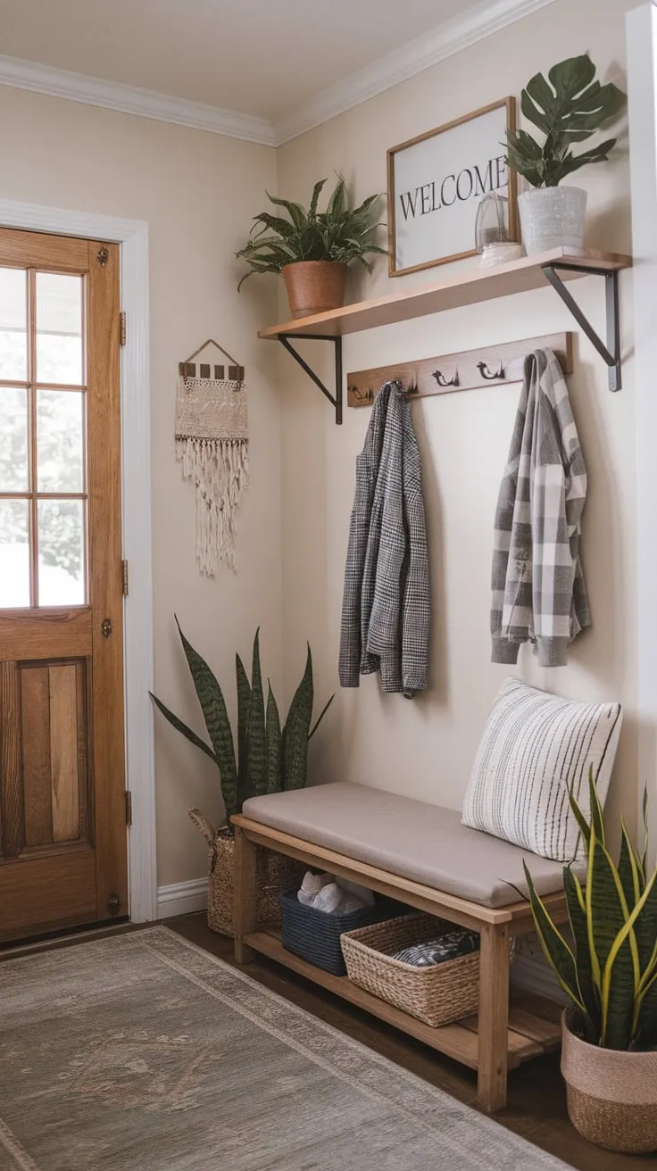 A welcoming boho entryway blends farmhouse charm with a wooden bench, potted plants, and a "Welcome" sign.