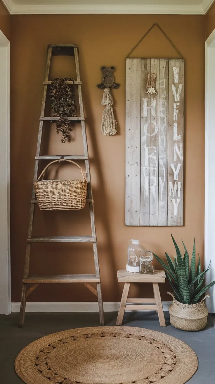 Warm walls and natural textures create a welcoming boho haven in this small farmhouse entry.