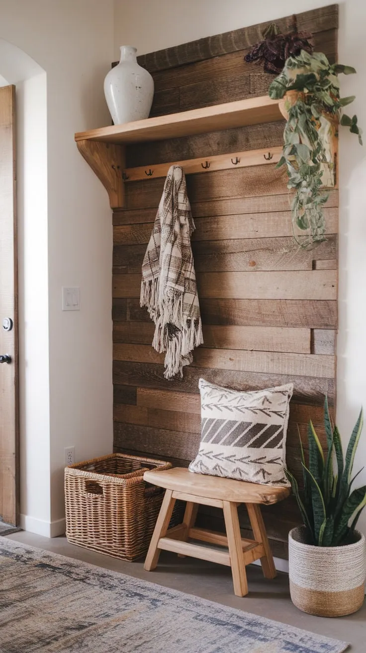 A charming boho farmhouse entryway boasts a cozy seating area, woven storage, and earthy accents creating a welcoming and stylish space.