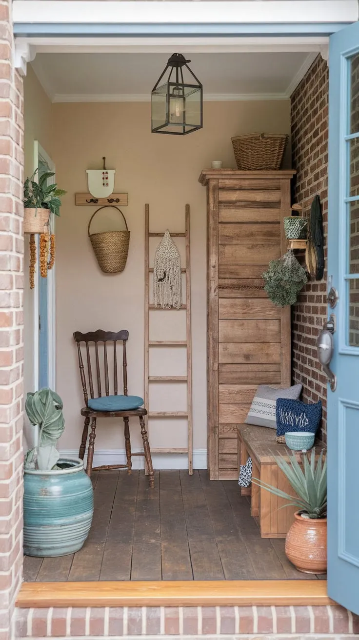 Warm beige walls and a blue door complement a cozy boho entryway featuring vintage furniture, woven accents, and a touch of greenery.