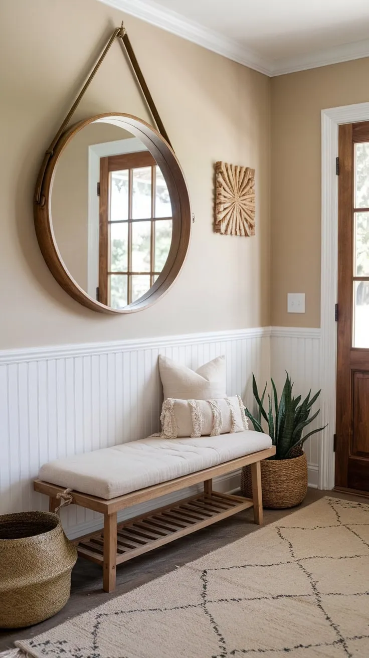 Warm beige tones and natural textures define this inviting boho entryway, complete with a wooden door and charming accessories.