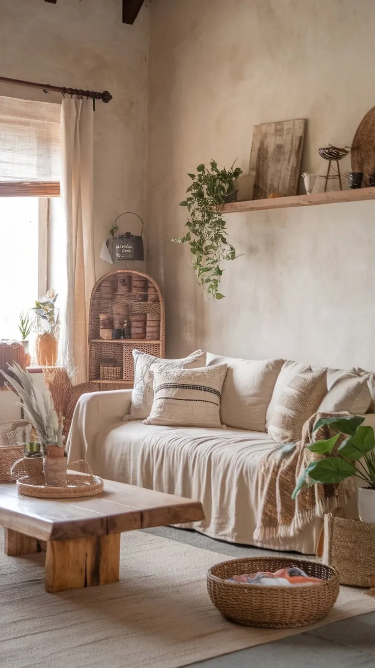 A textured-wall living room blends boho patterns and farmhouse simplicity for a cozy, chic space.