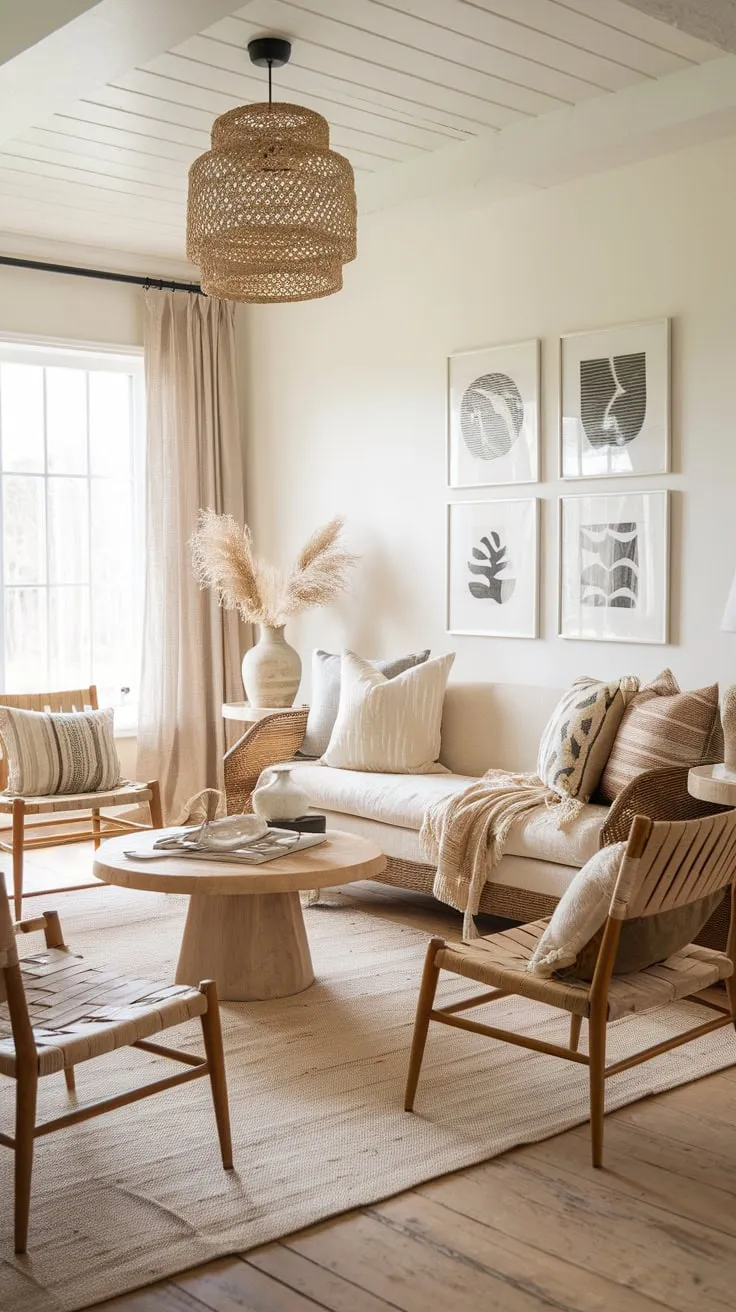 A beige sofa, woven chairs, and a wooden table create a relaxed boho farmhouse living room with a natural, simple aesthetic.