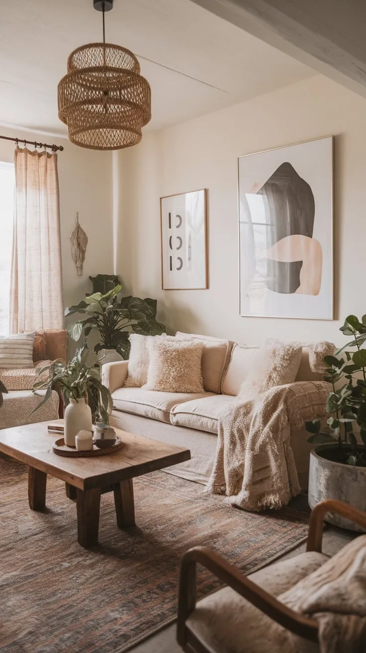 Soft lighting, natural textures, and simple boho accents create a charming farmhouse living room.
